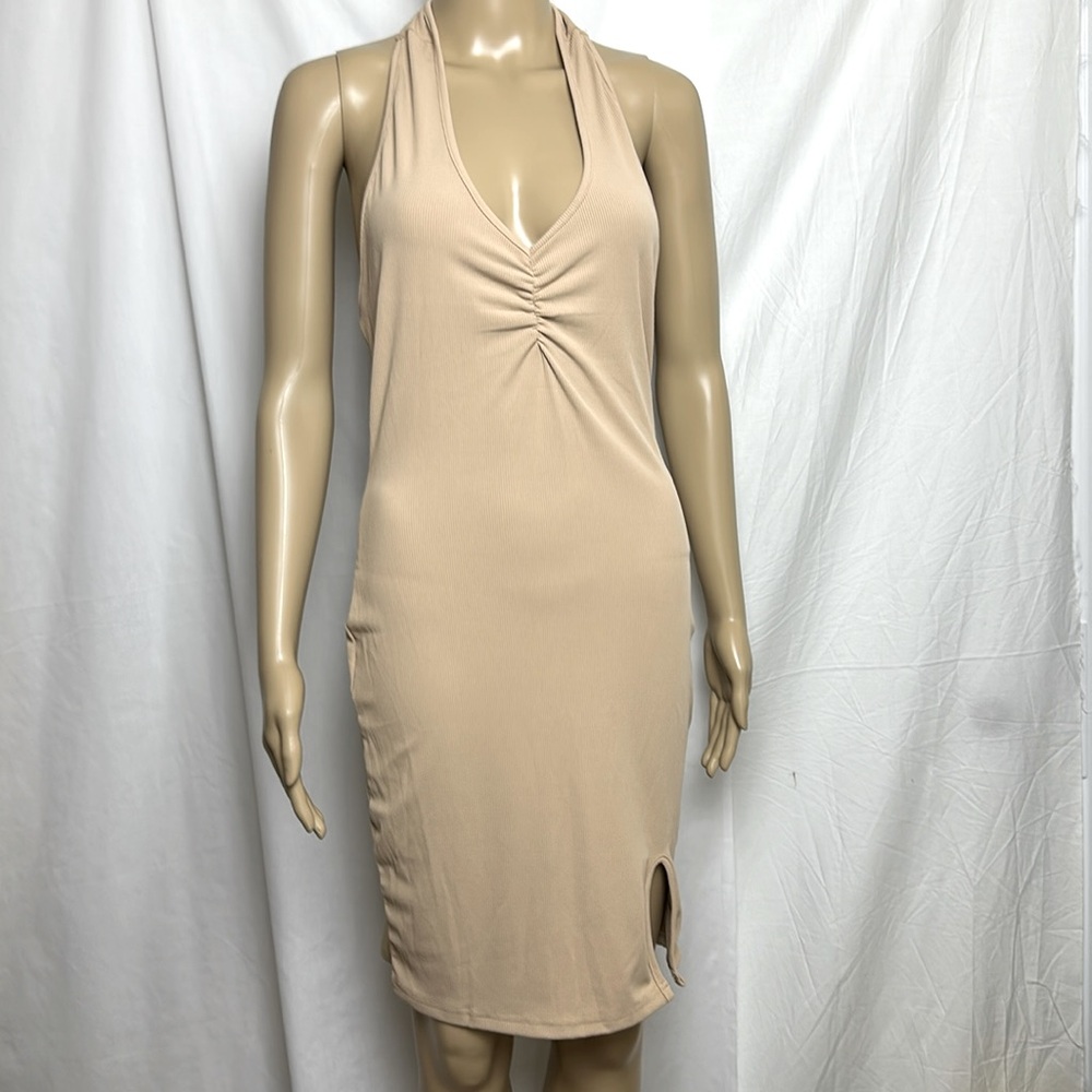 Halter Fitted Dress. Stretch Material 9% Spandex. Size Large. Neutral Beige.
